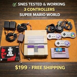 Super Nintendo SNES Console TESTED 3 Controllers Super Mario World Game Bundle